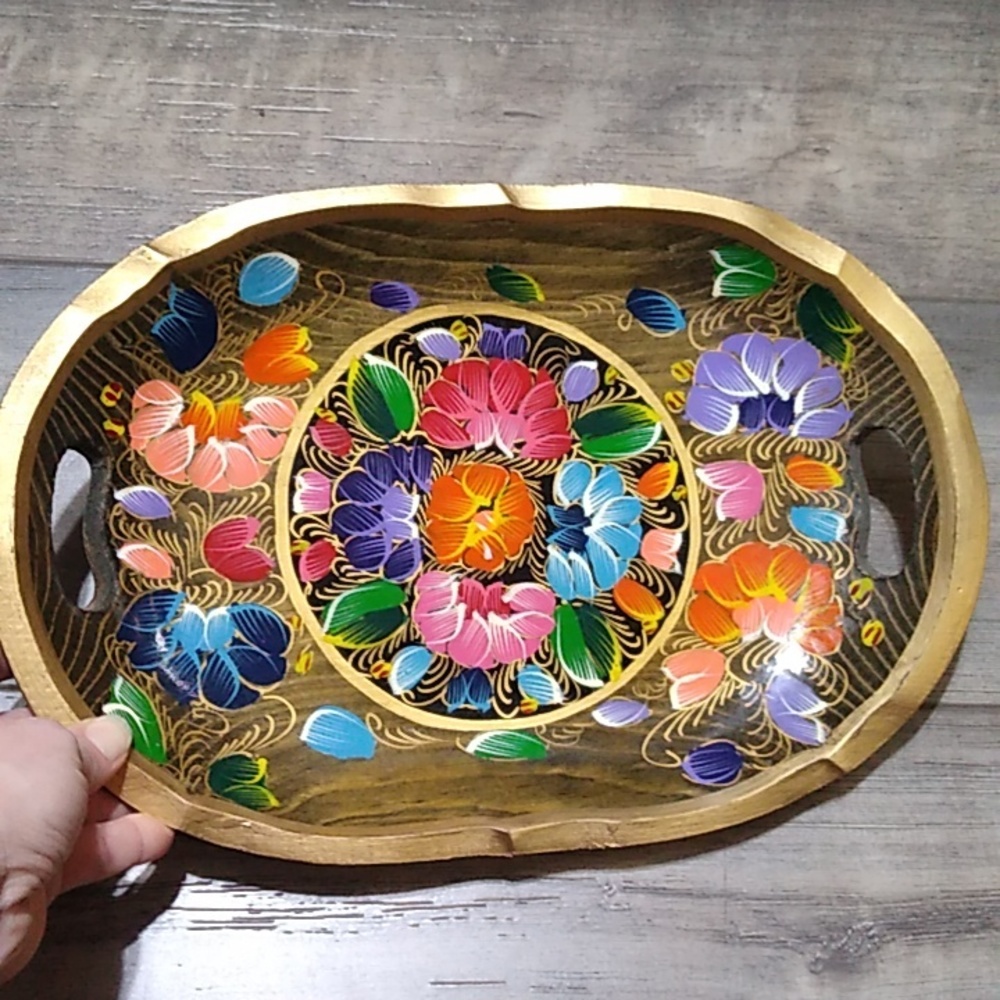 Vintage wooden trinket tray Mexican or Boho style